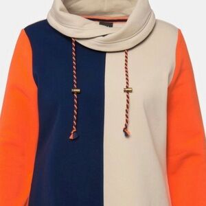Ulla Popken Colorblock Cowl Neck Sweater - Navy, Beige, Orange